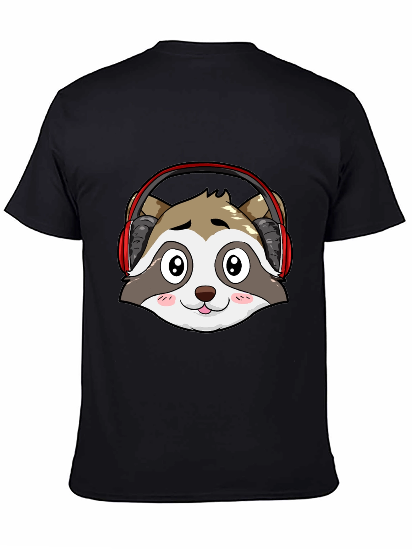 Cartoon Raccoon Headphones Black T-Shirt