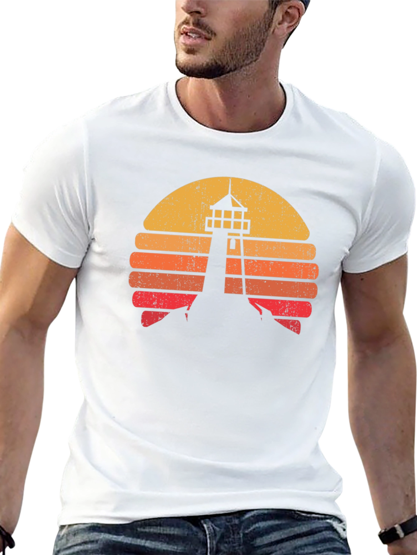 Retro Lighthouse Sunset Graphic Tee - Black