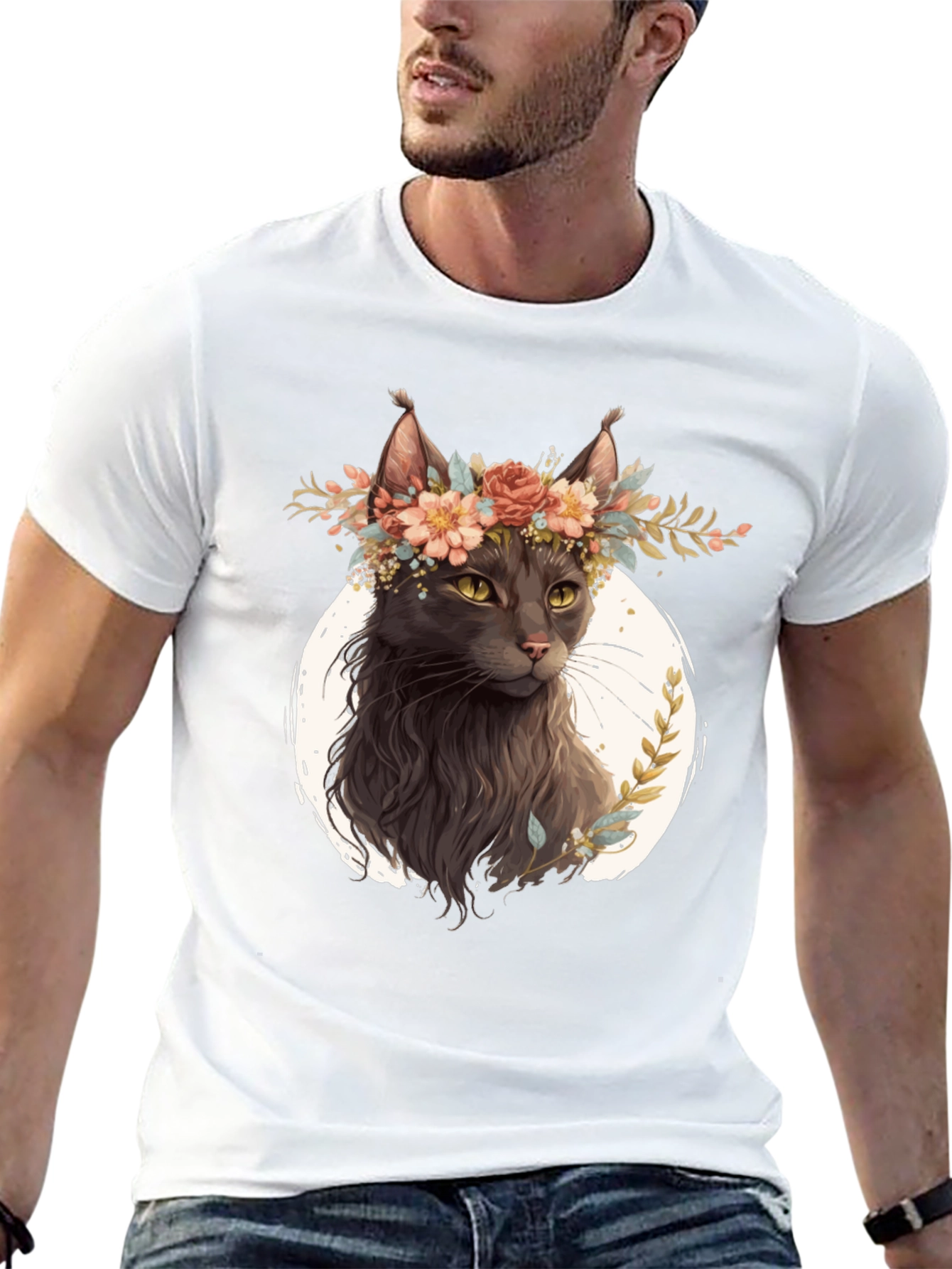 Cat Lover T-Shirt: Floral Crown Feline Tee