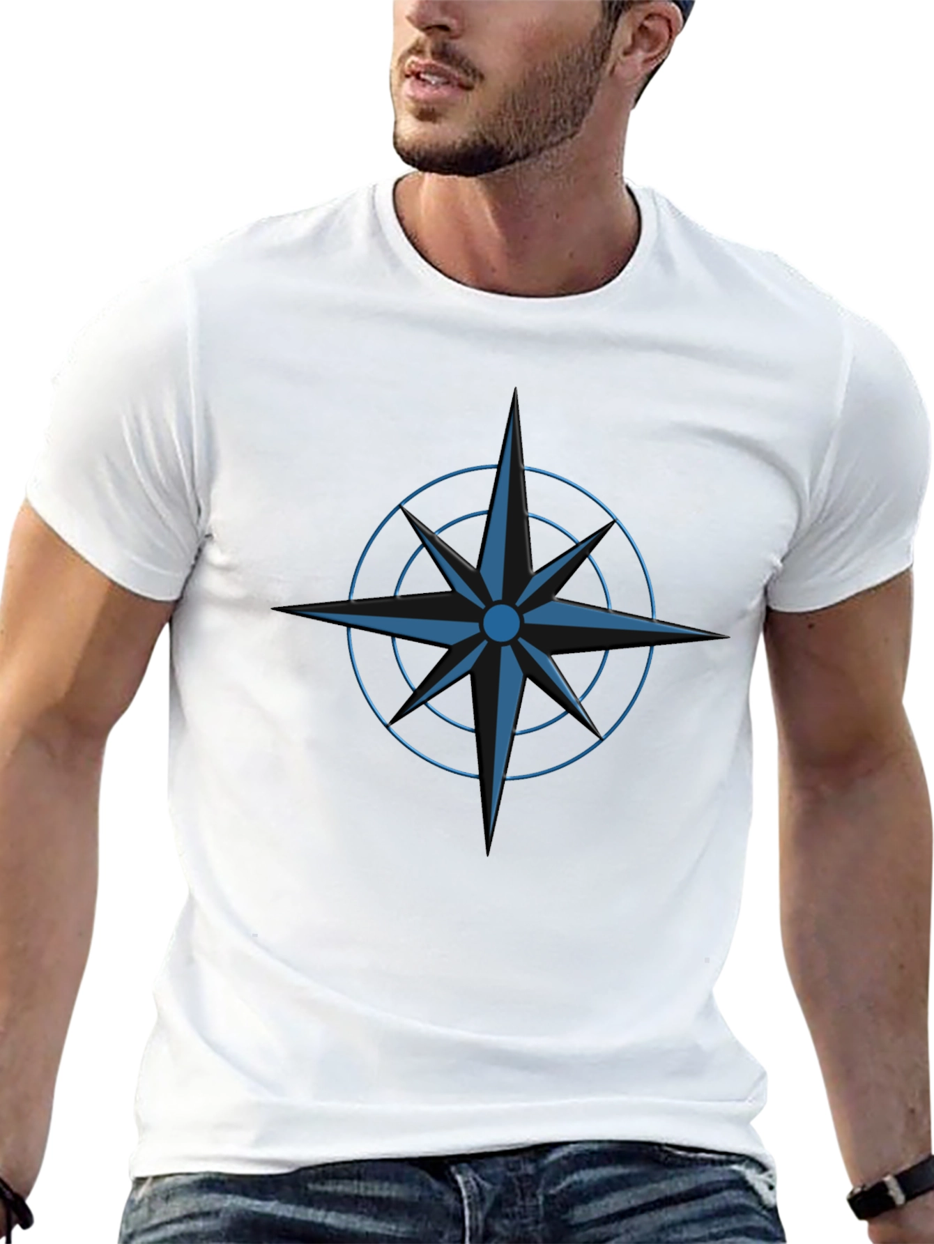 Stylish Black T-Shirt with Blue Compass Design