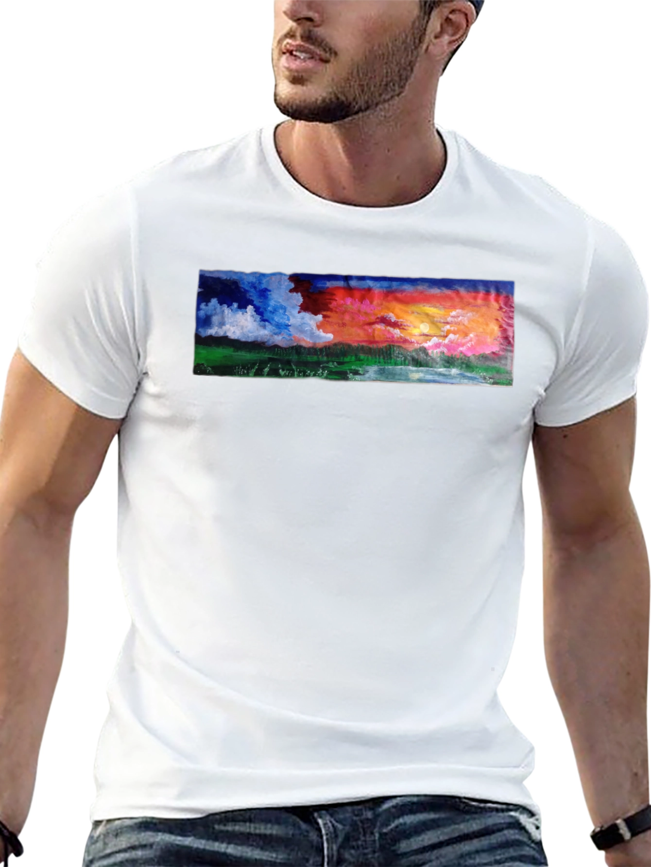 Sunset Landscape Graphic Tee - Black Cotton T-Shirt