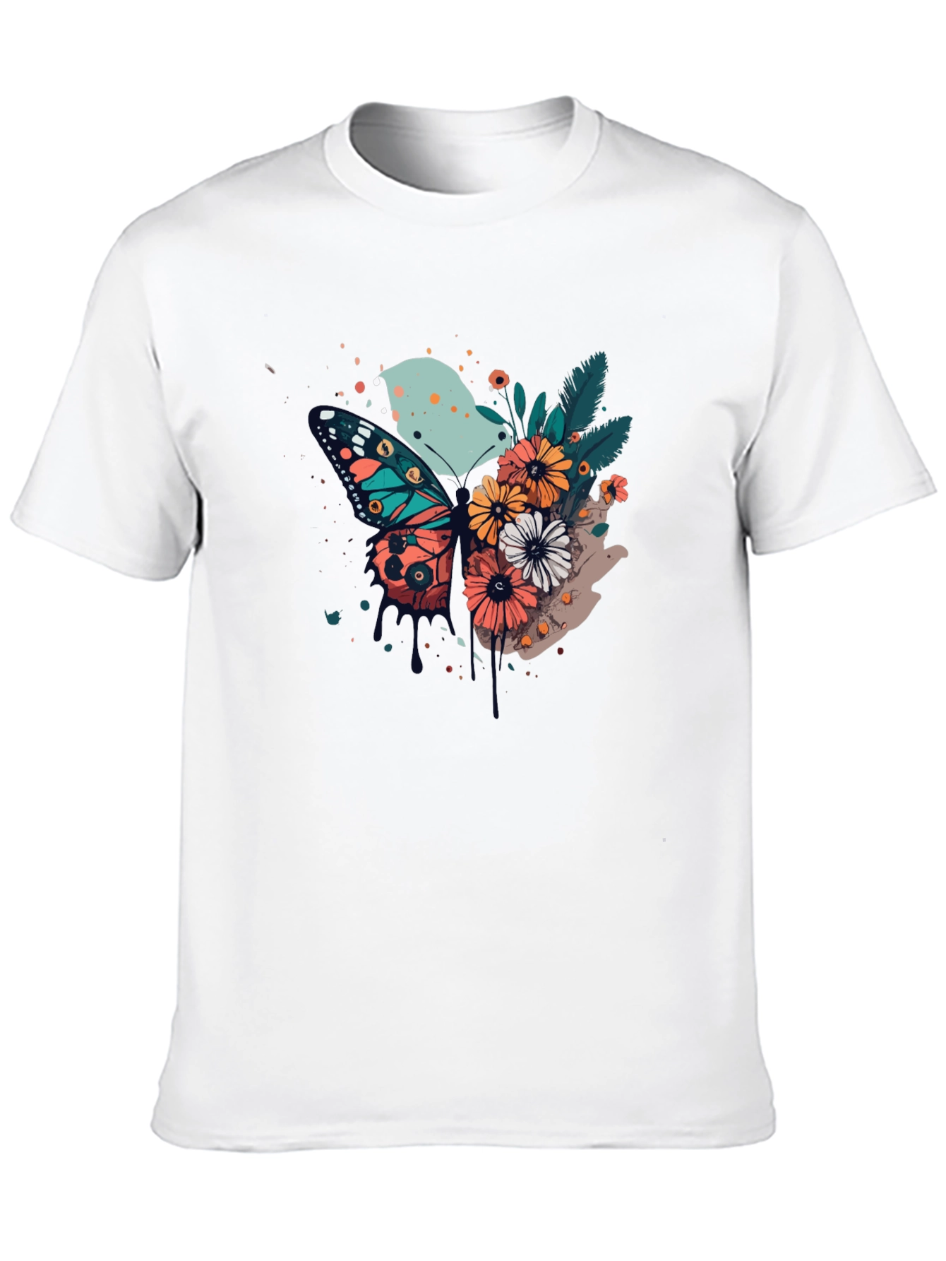 Butterfly & Floral Print Black T-Shirt