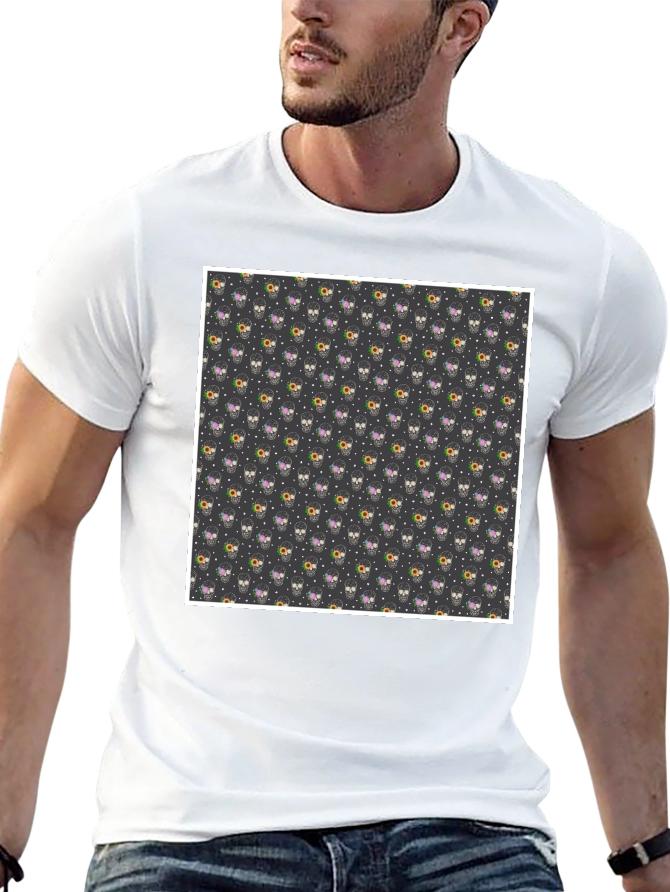 Skull & Floral Print Black T-Shirt