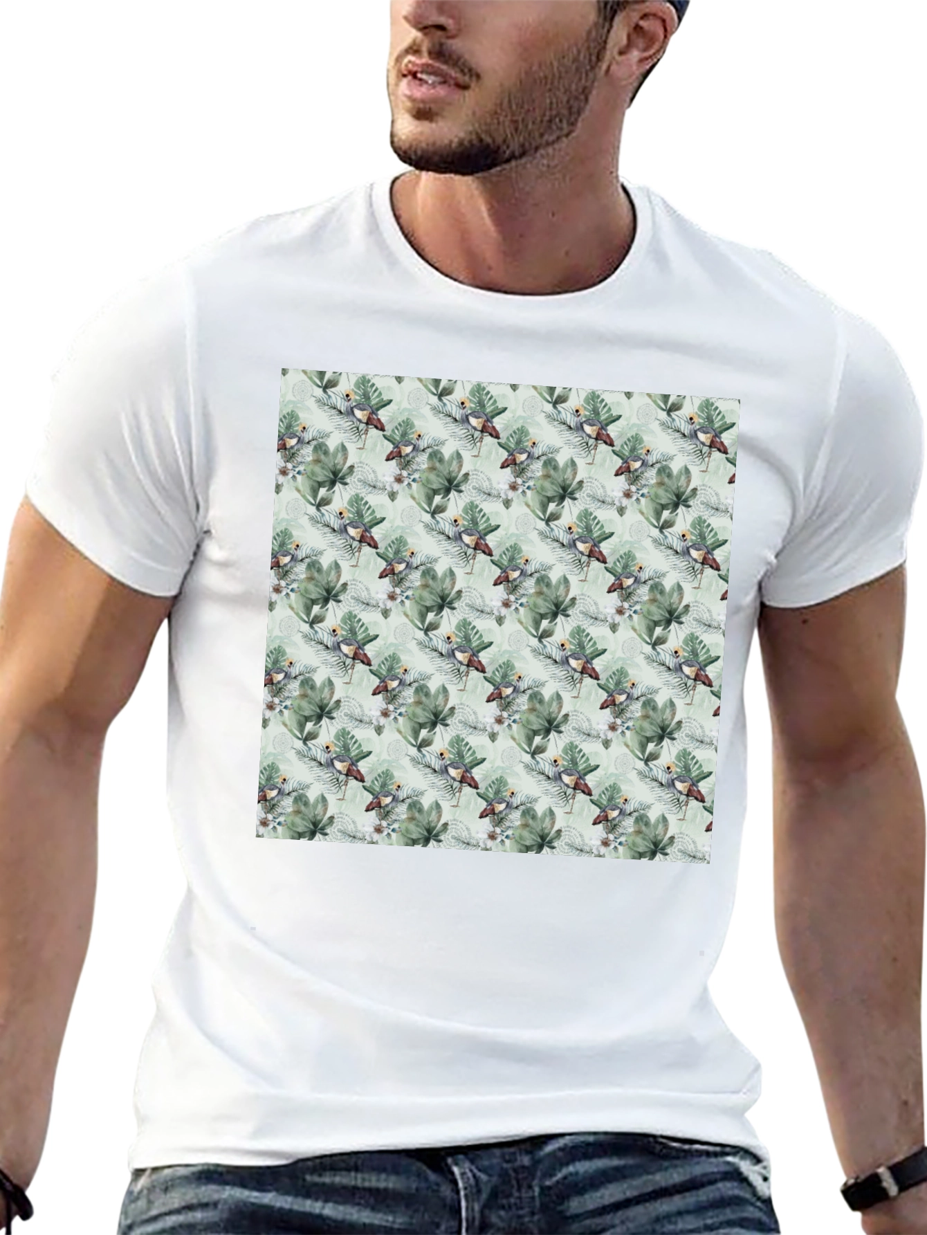 Tropical Bird & Leaf Print Black T-Shirt