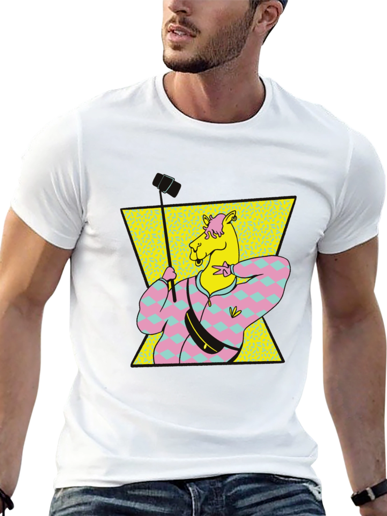 Retro Camel Selfie T-Shirt - Black Cotton Tee