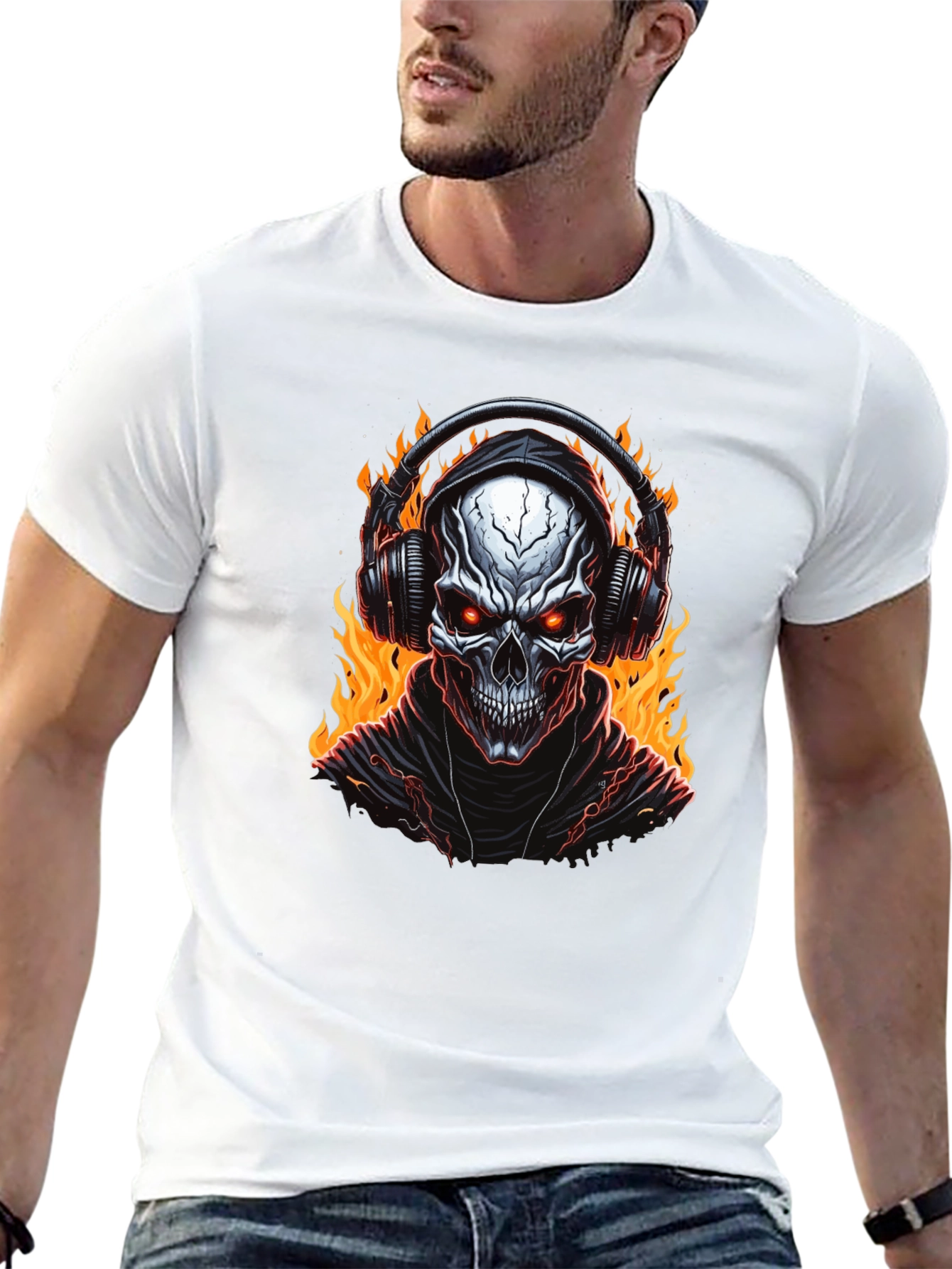 Skull Flames Headphones Graphic Tee - Black