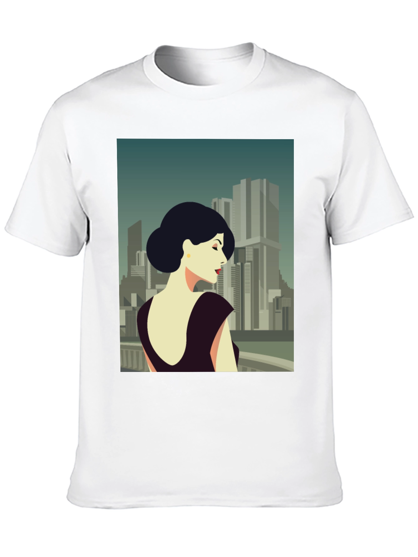 Retro Cityscape Woman Graphic Tee - Black Cotton T-Shirt