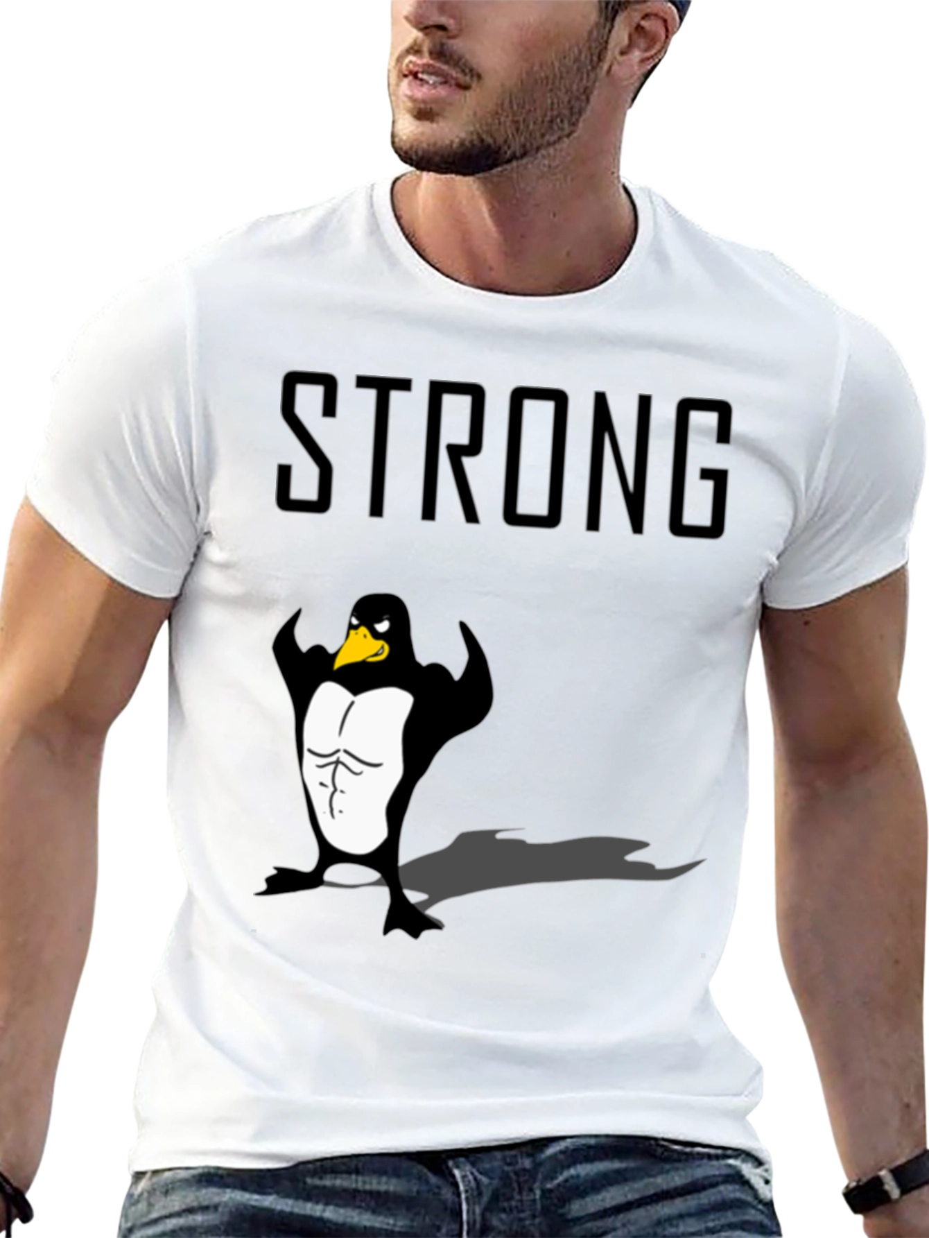 Strong Penguin Graphic Tee - Black Cotton T-Shirt