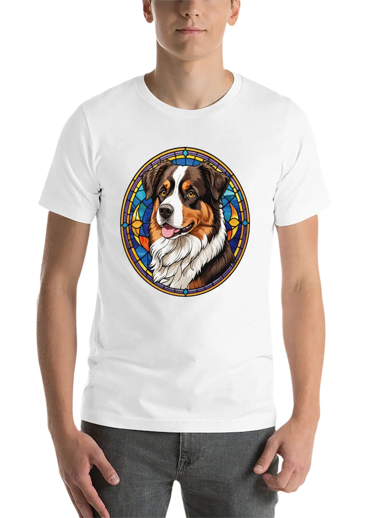 Canine Mosaic - Bernese Mountain Dog Stained Glass Lightweight Cotton T-Shirt – Daily Comfort Graphic Shirt
