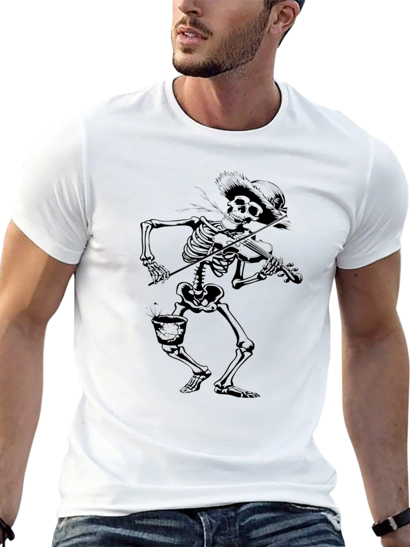 Skeleton Fiddler Black T-Shirt - Grim Reaper Style