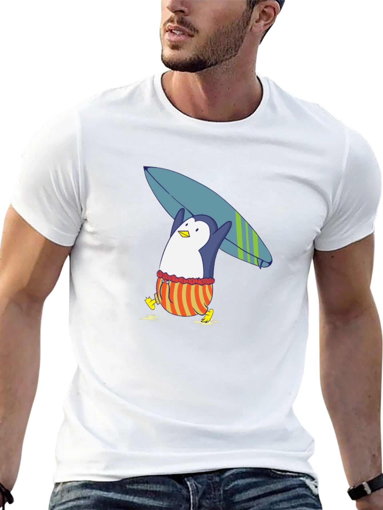 Surfing Penguin Graphic Tee - Black Cotton T-Shirt
