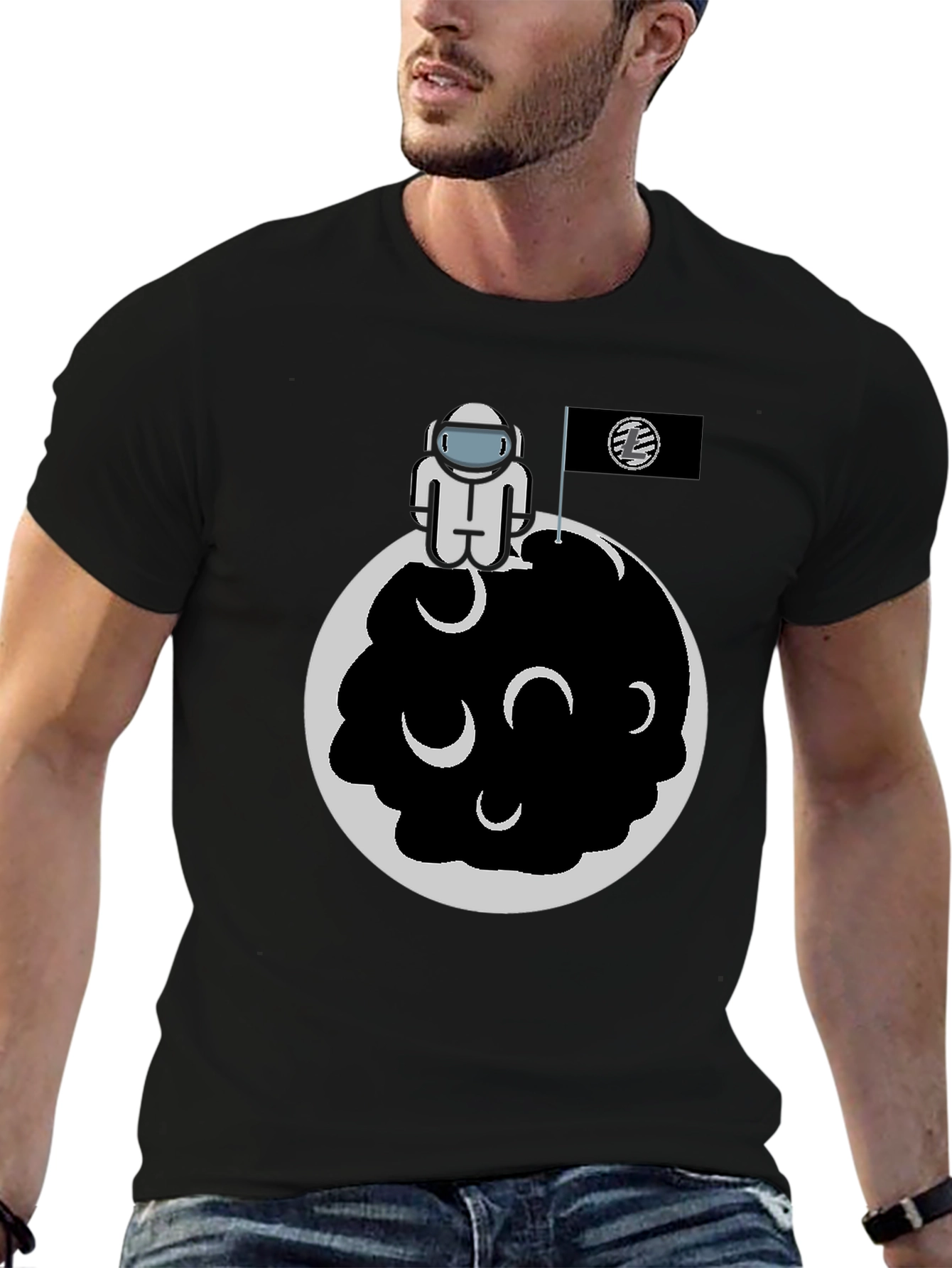 Astronaut on Moon Graphic Tee - Black Cotton Blend
