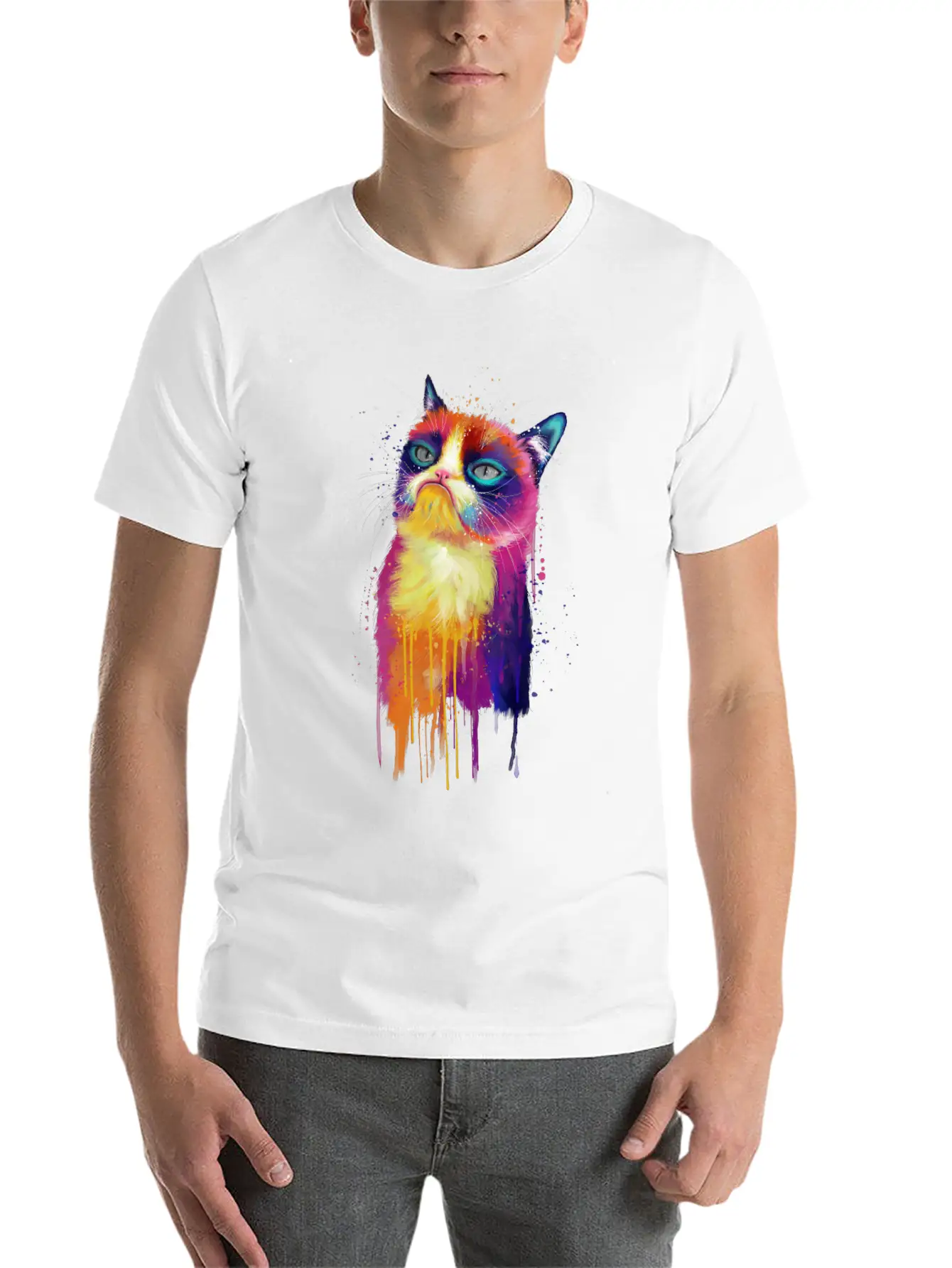 Rainbow Grumpy Kitty Painting Lightweight Cotton T-Shirt – Daily Comfort Graphic Shirt