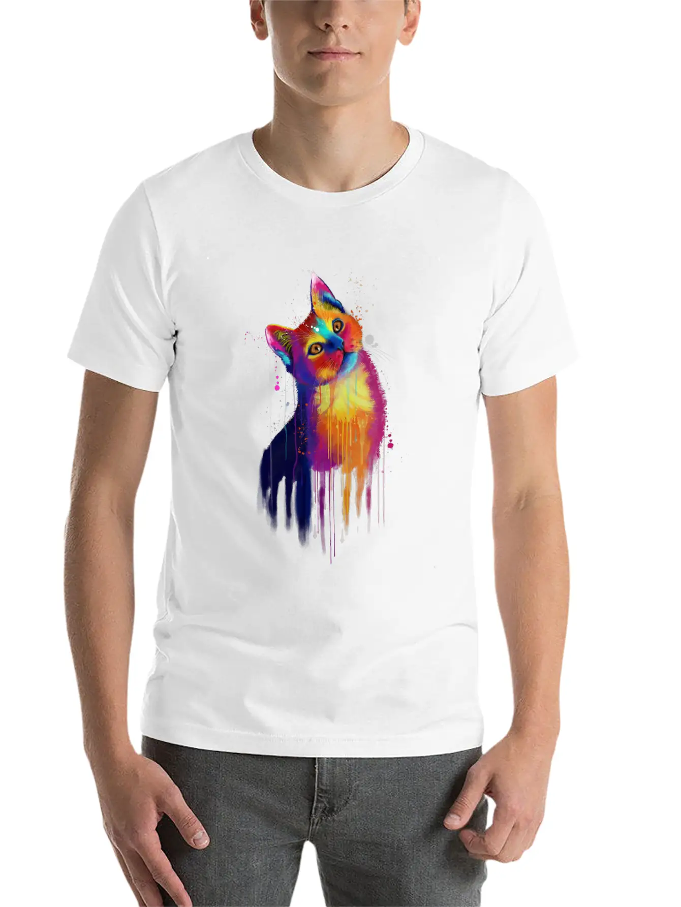 Rainbow Kitty Painting Lightweight Cotton T-Shirt – Daily Comfort Graphic Shirt