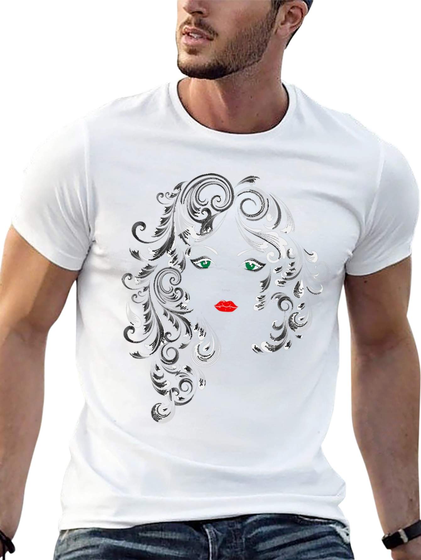 Stylish Black T-Shirt with Artistic Woman Face Graphic
