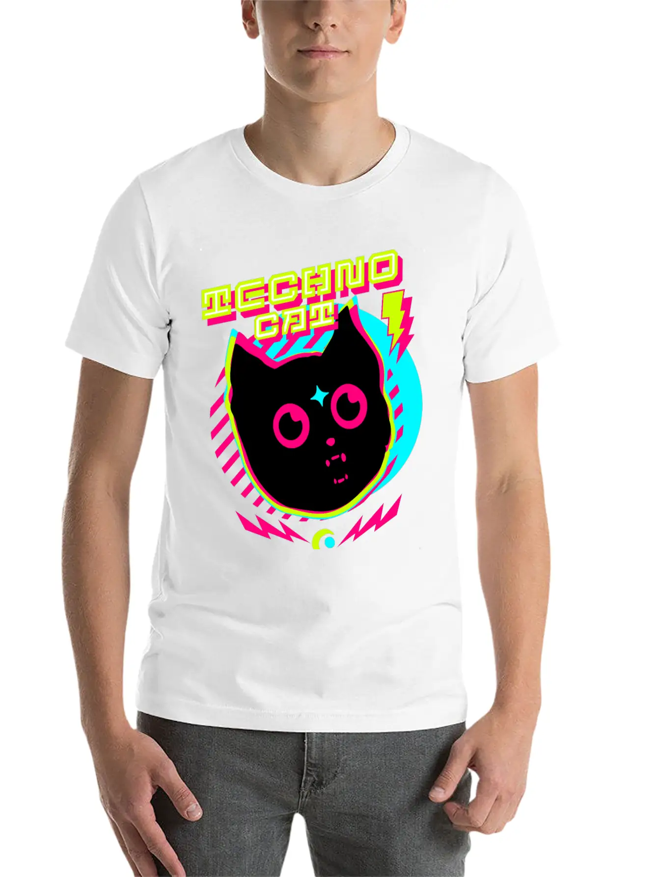 TECHNO - Techno Cat (lime/pink) Lightweight Cotton T-Shirt – Daily Comfort Graphic Shirt