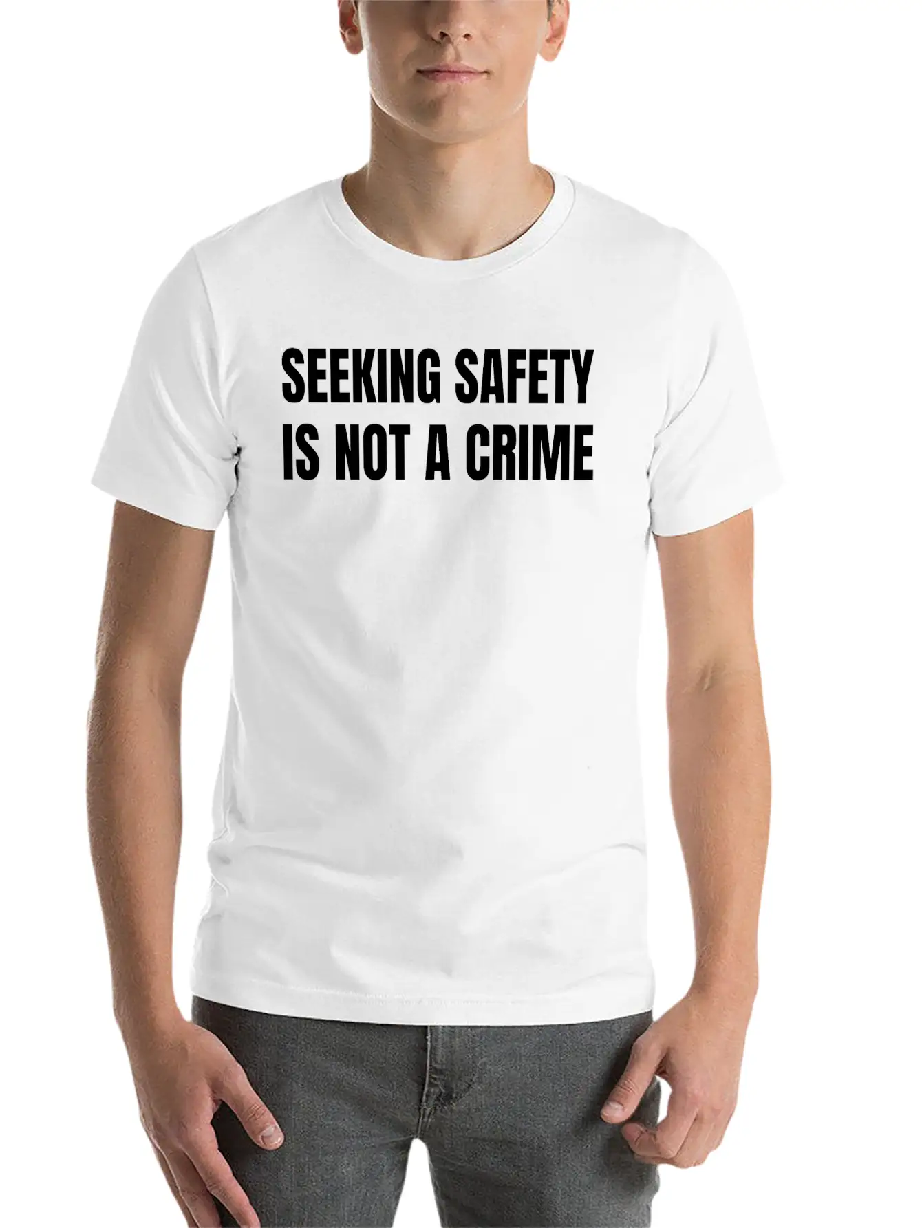 Text: Seeking Safety Is Not A Crime (white) Lightweight Cotton T-Shirt – Daily Comfort Graphic Shirt