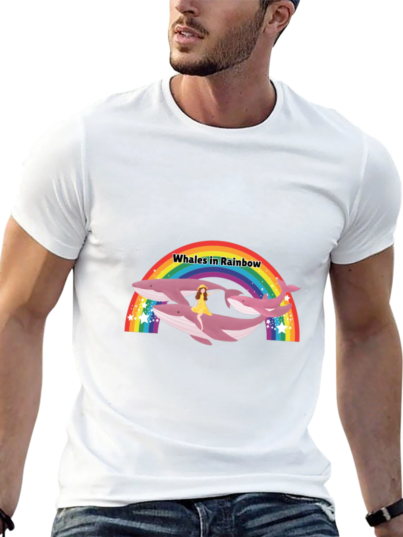 Whales in Rainbow Graphic Black T-Shirt