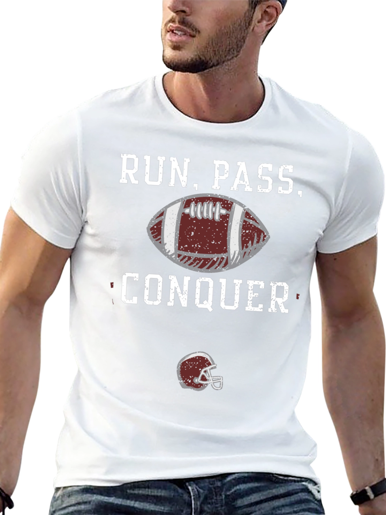 Run Pass Conquer Football Graphic T-Shirt