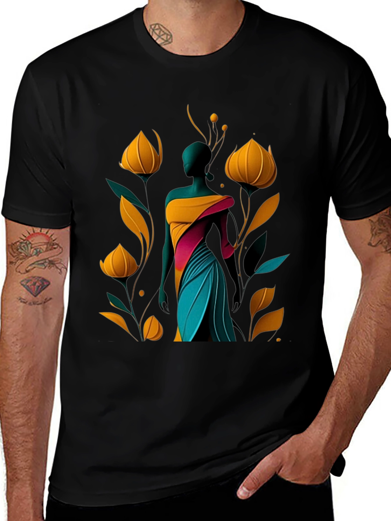 Abstract Floral Design Black T-Shirt