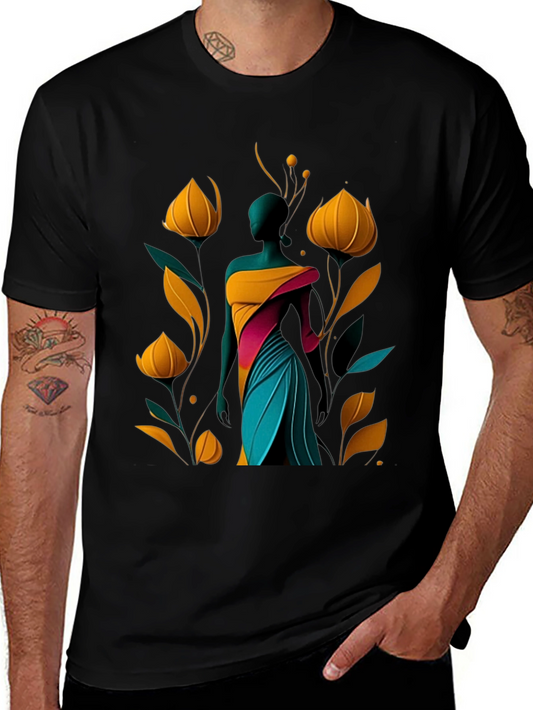 Abstract Floral Design Black T-Shirt