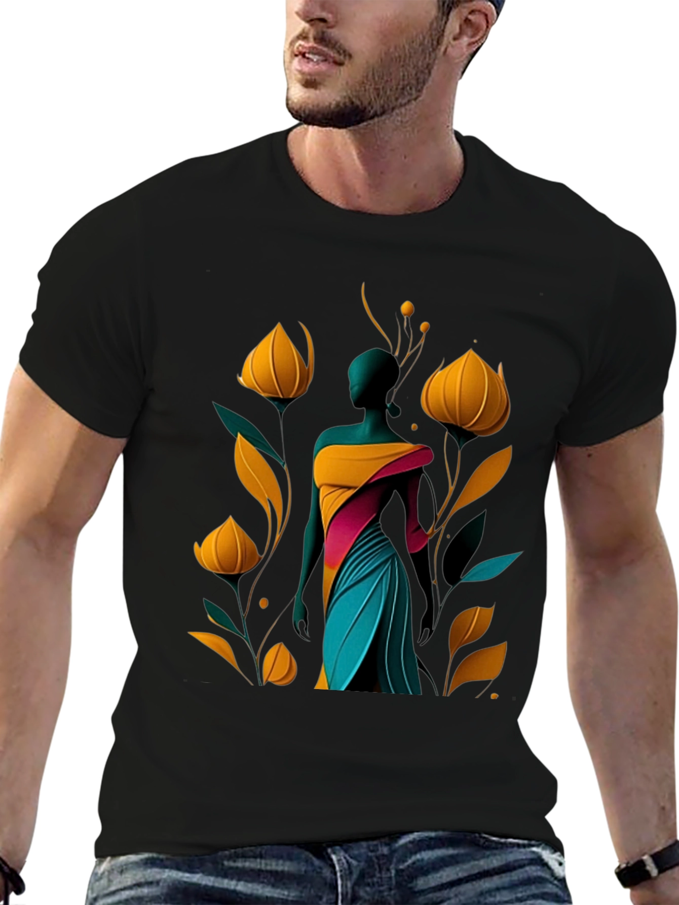 Abstract Floral Design Black T-Shirt