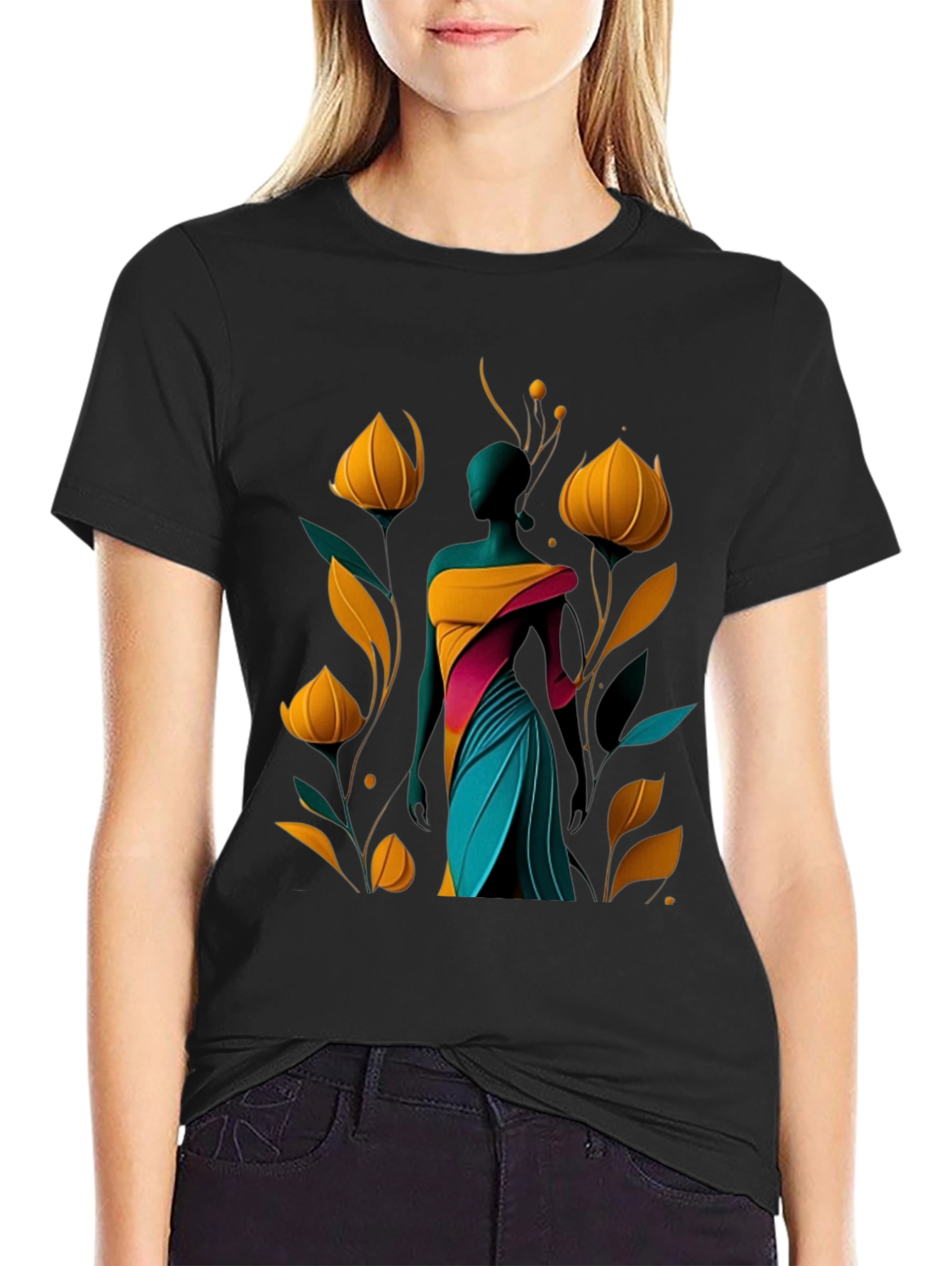 Abstract Floral Design Black T-Shirt