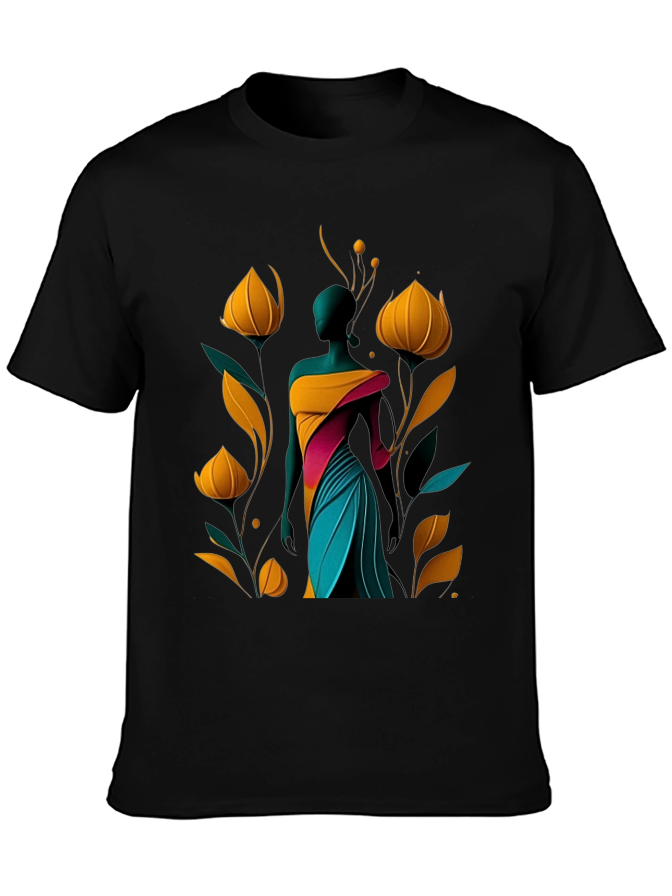 Abstract Floral Design Black T-Shirt