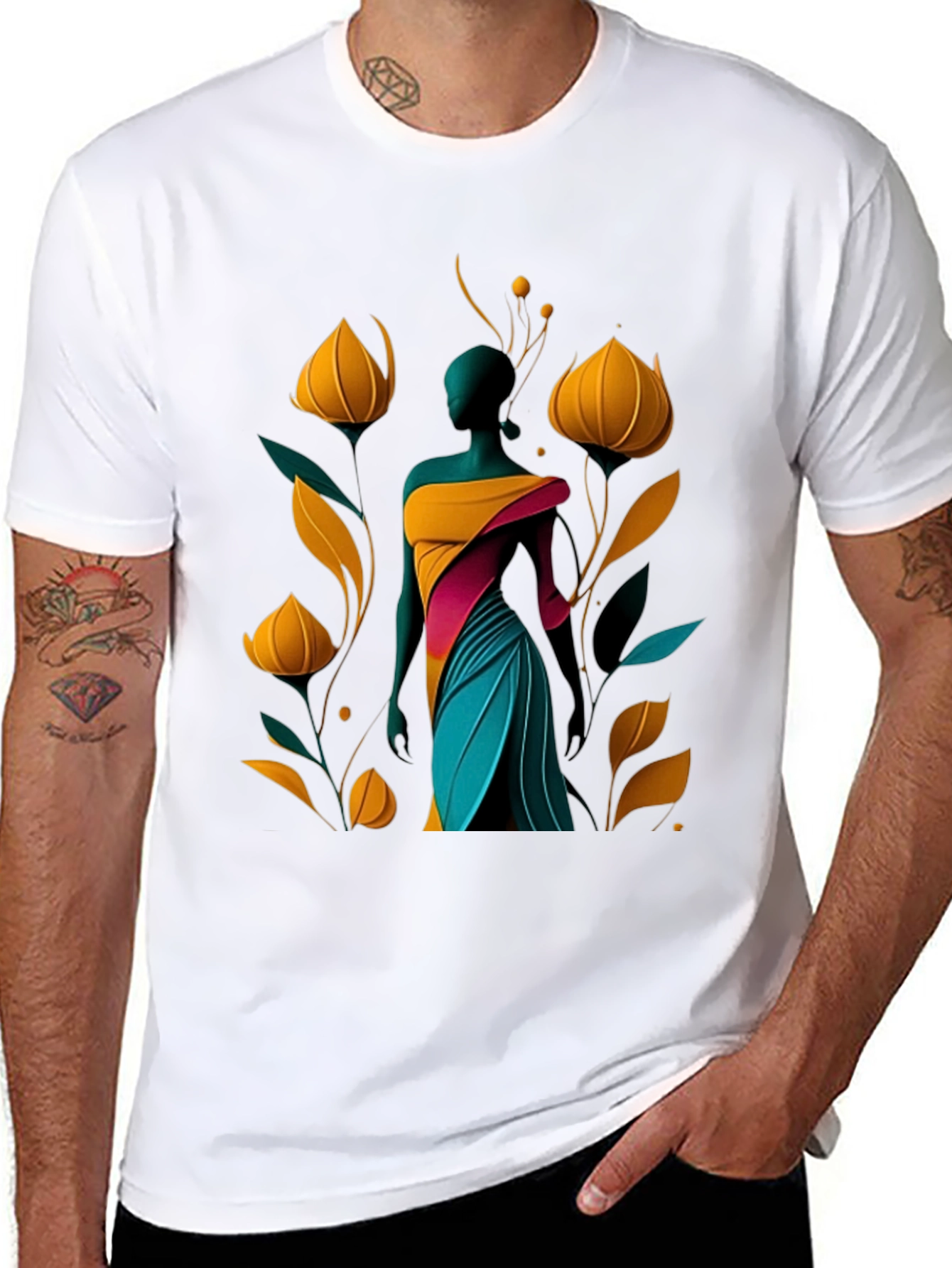 Abstract Floral Design Black T-Shirt