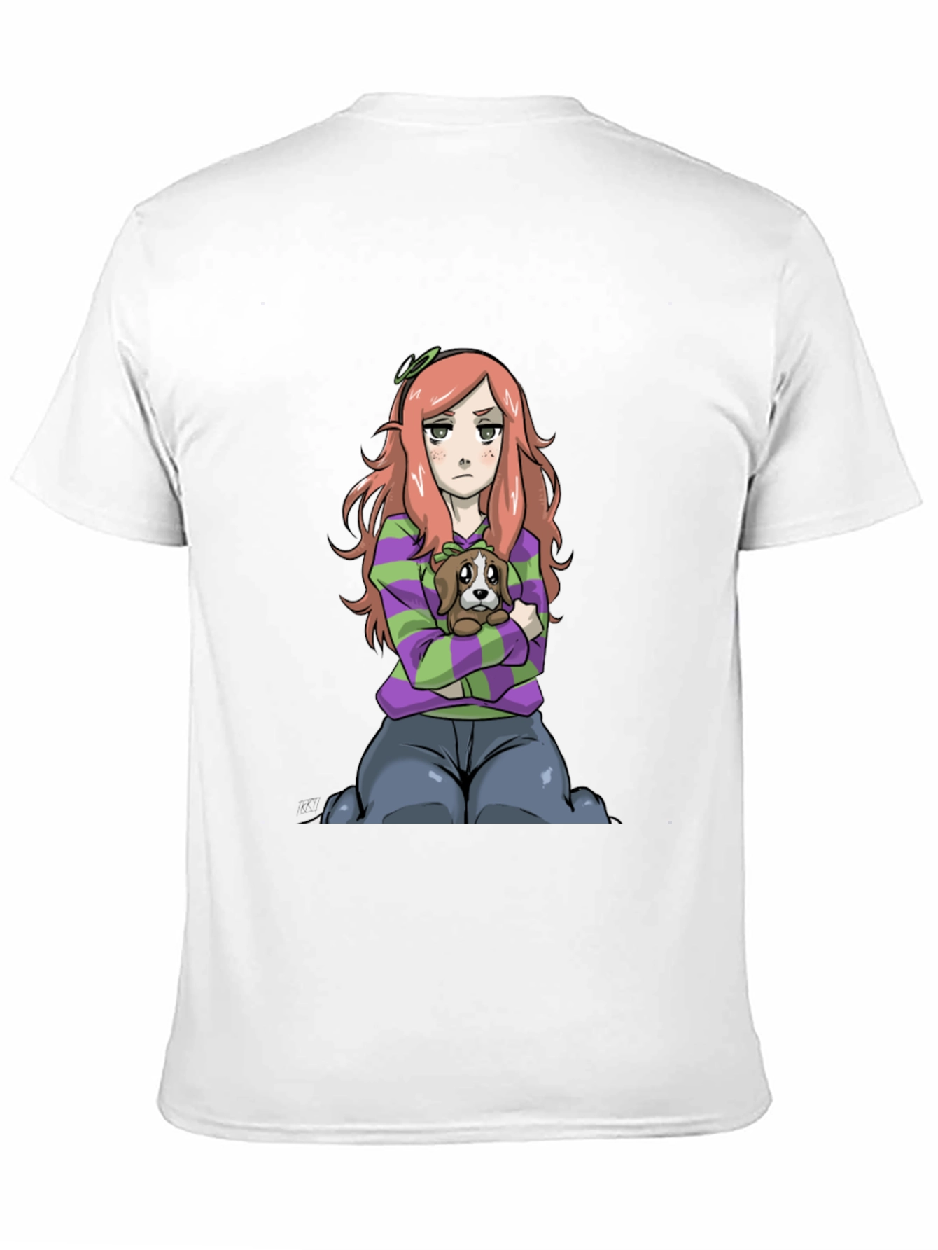 Cartoon Girl with Dog Black T-Shirt