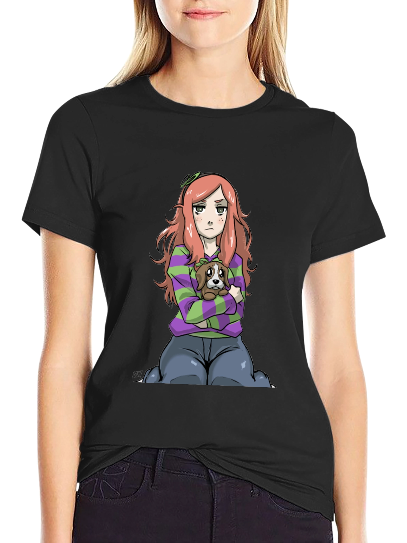 Cartoon Girl with Dog Black T-Shirt