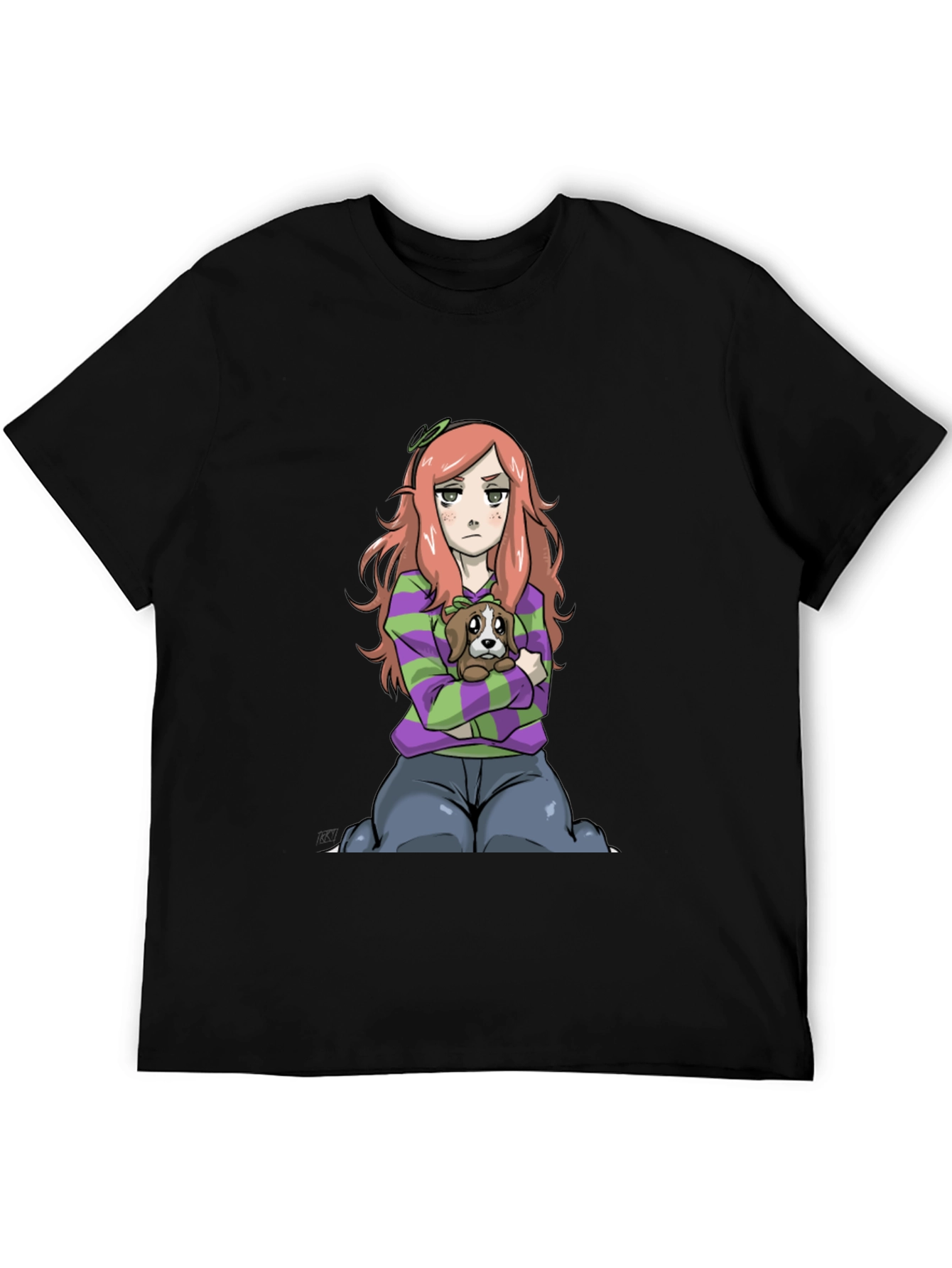 Cartoon Girl with Dog Black T-Shirt