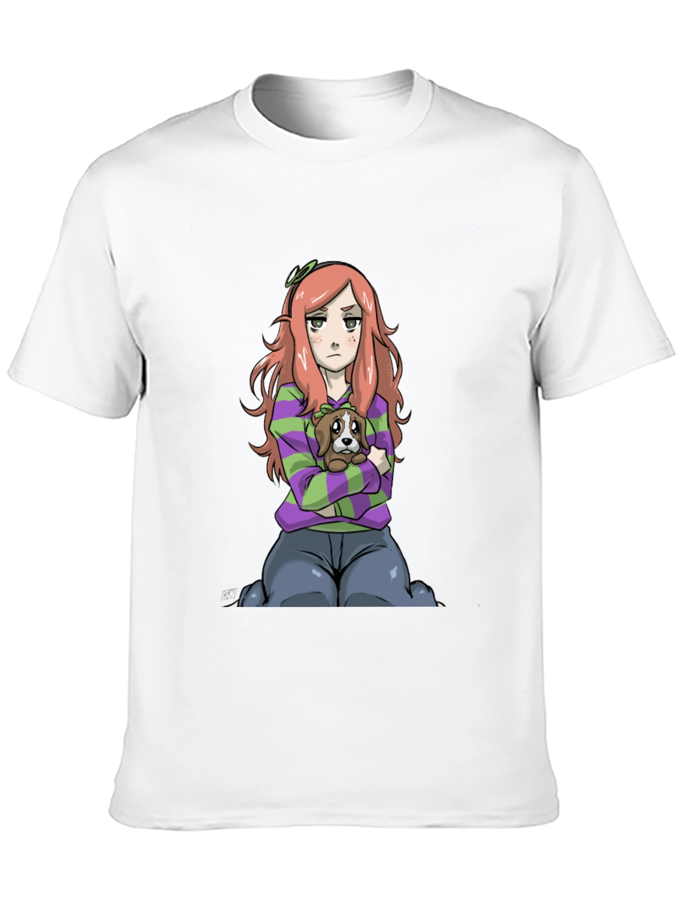 Cartoon Girl with Dog Black T-Shirt