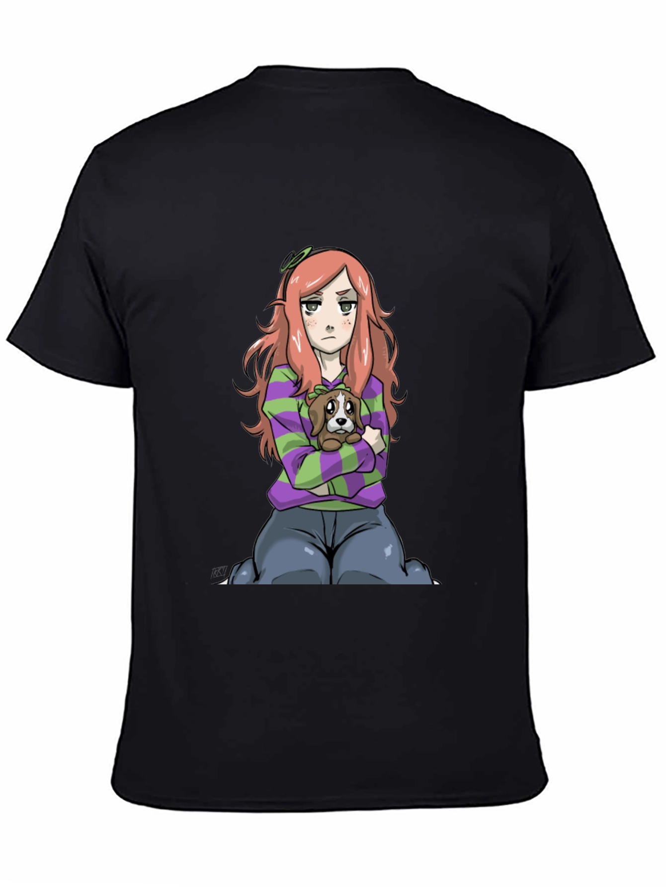 Cartoon Girl with Dog Black T-Shirt