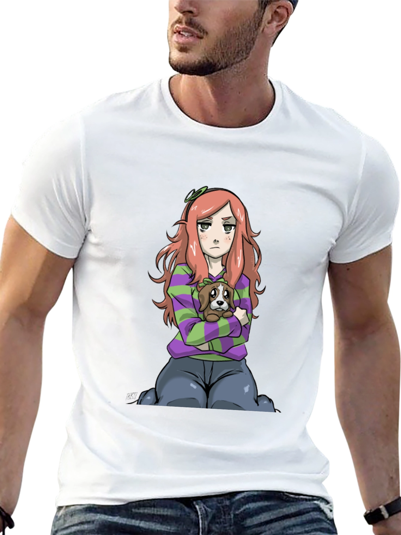 Cartoon Girl with Dog Black T-Shirt
