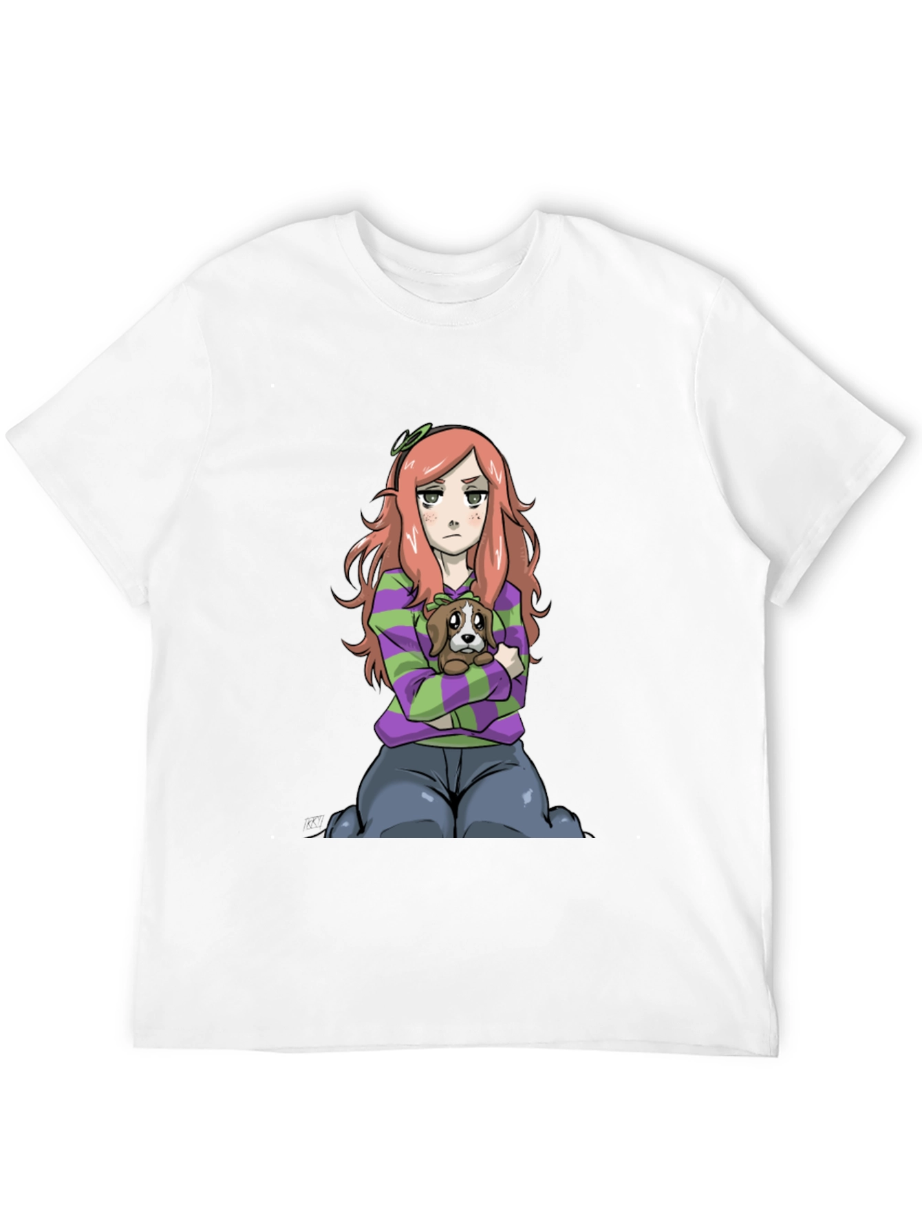 Cartoon Girl with Dog Black T-Shirt