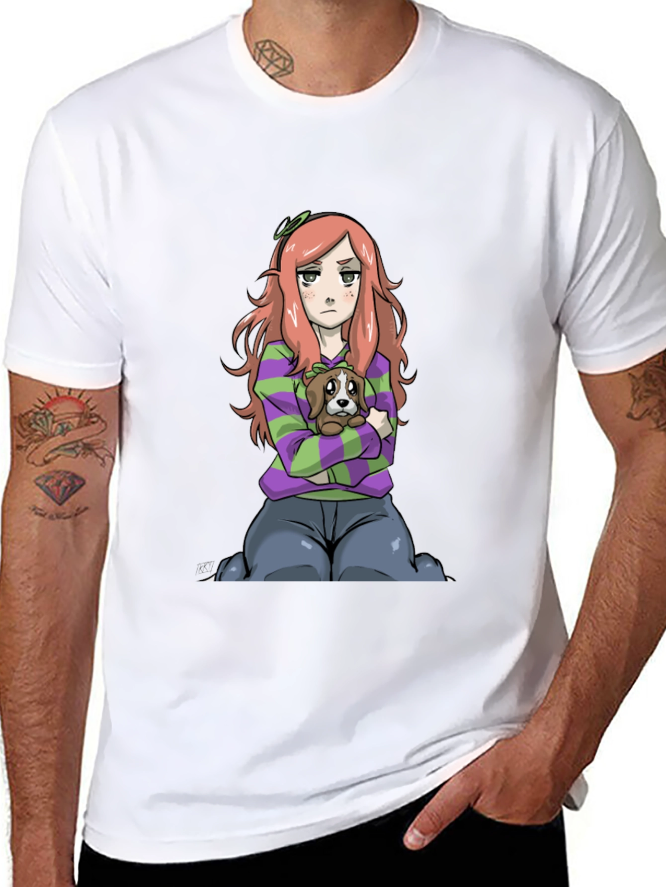 Cartoon Girl with Dog Black T-Shirt