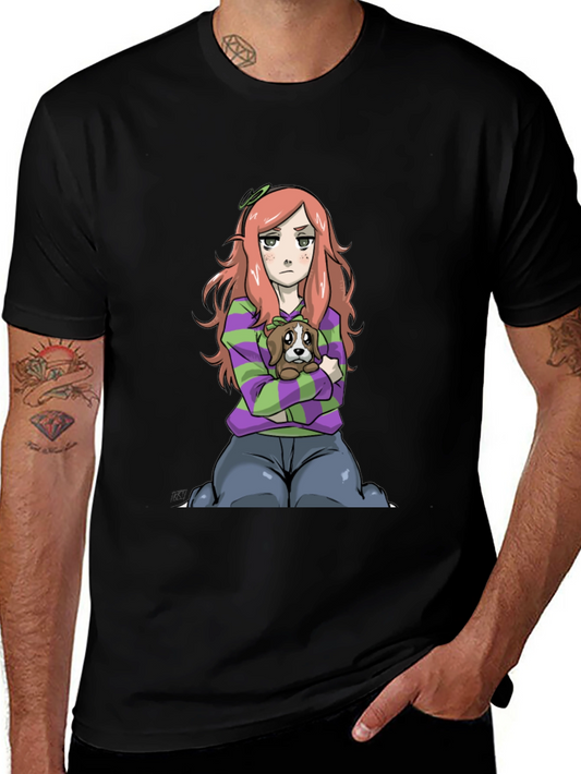 Cartoon Girl with Dog Black T-Shirt