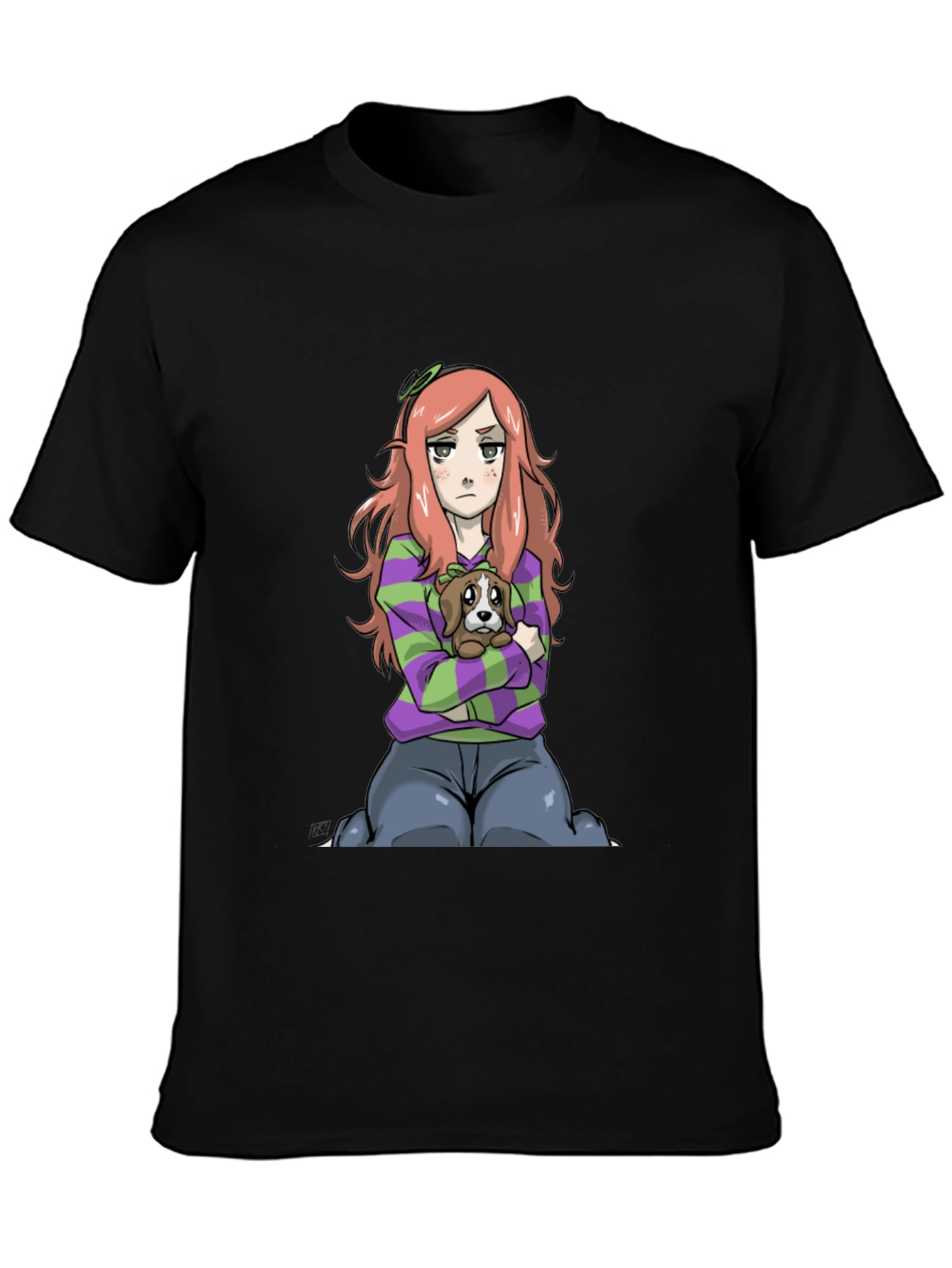 Cartoon Girl with Dog Black T-Shirt