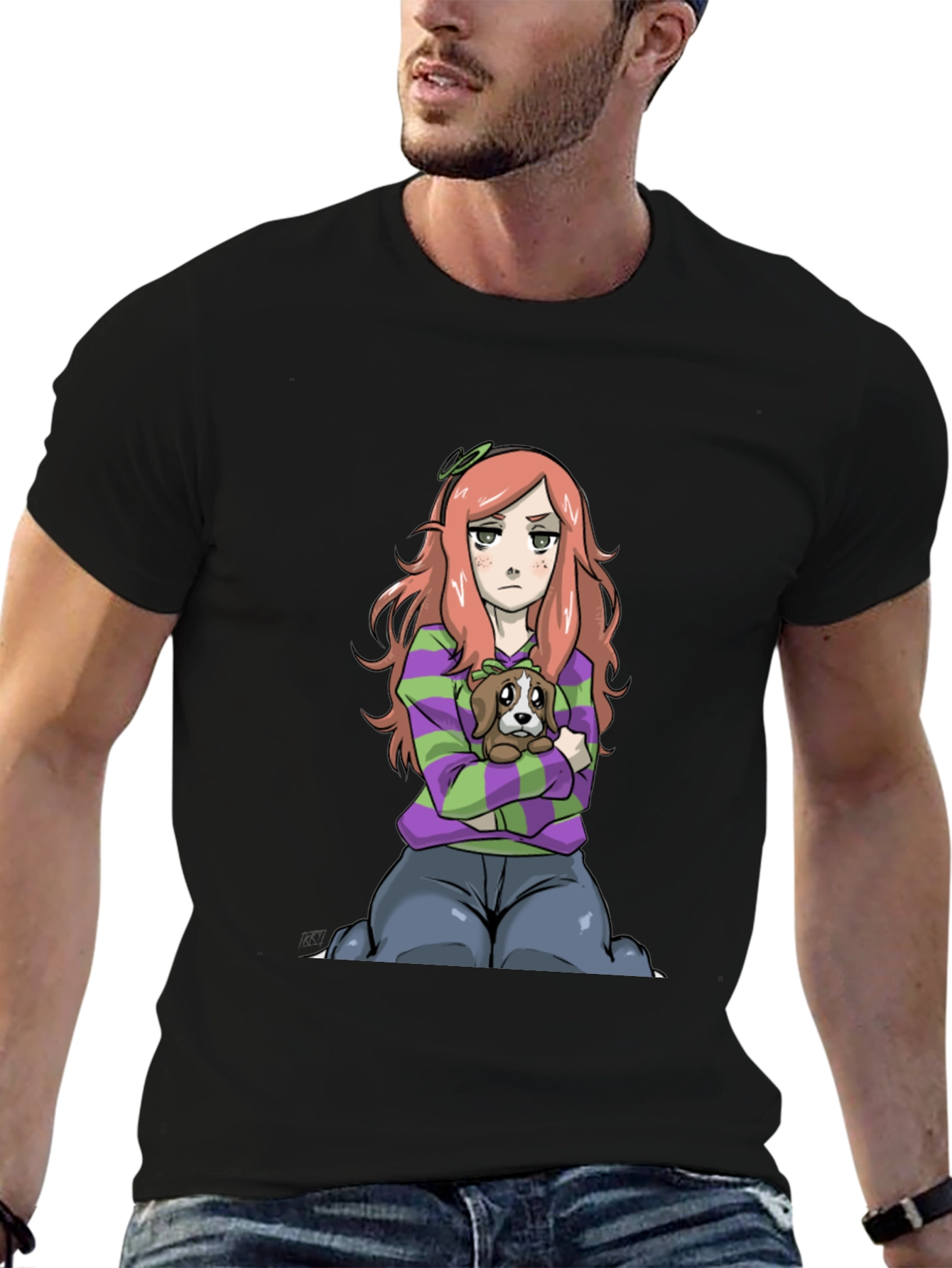 Cartoon Girl with Dog Black T-Shirt