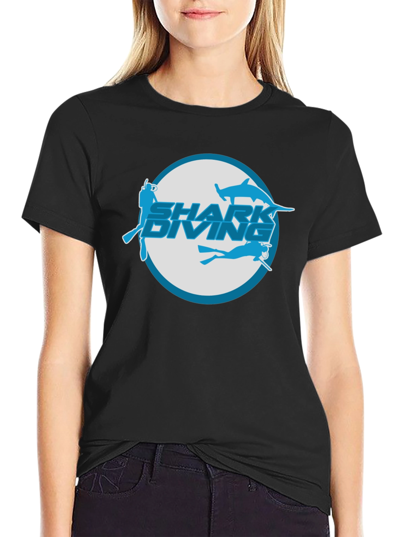 Shark Diving T-Shirt - Black Cotton Tee