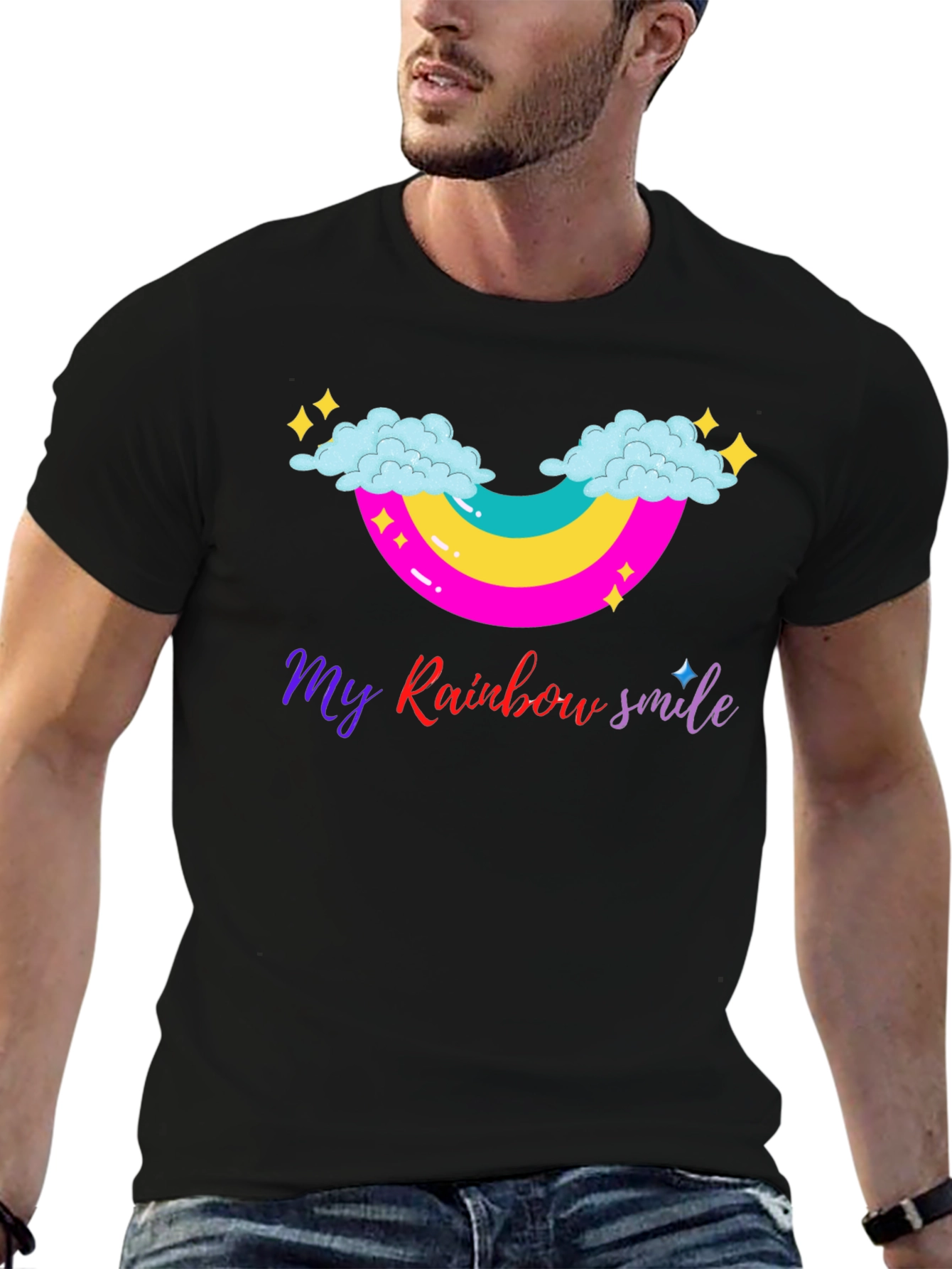 Rainbow Smile Graphic Tee - Black Cotton T-Shirt
