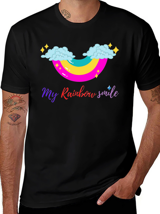 Rainbow Smile Graphic Tee - Black Cotton T-Shirt