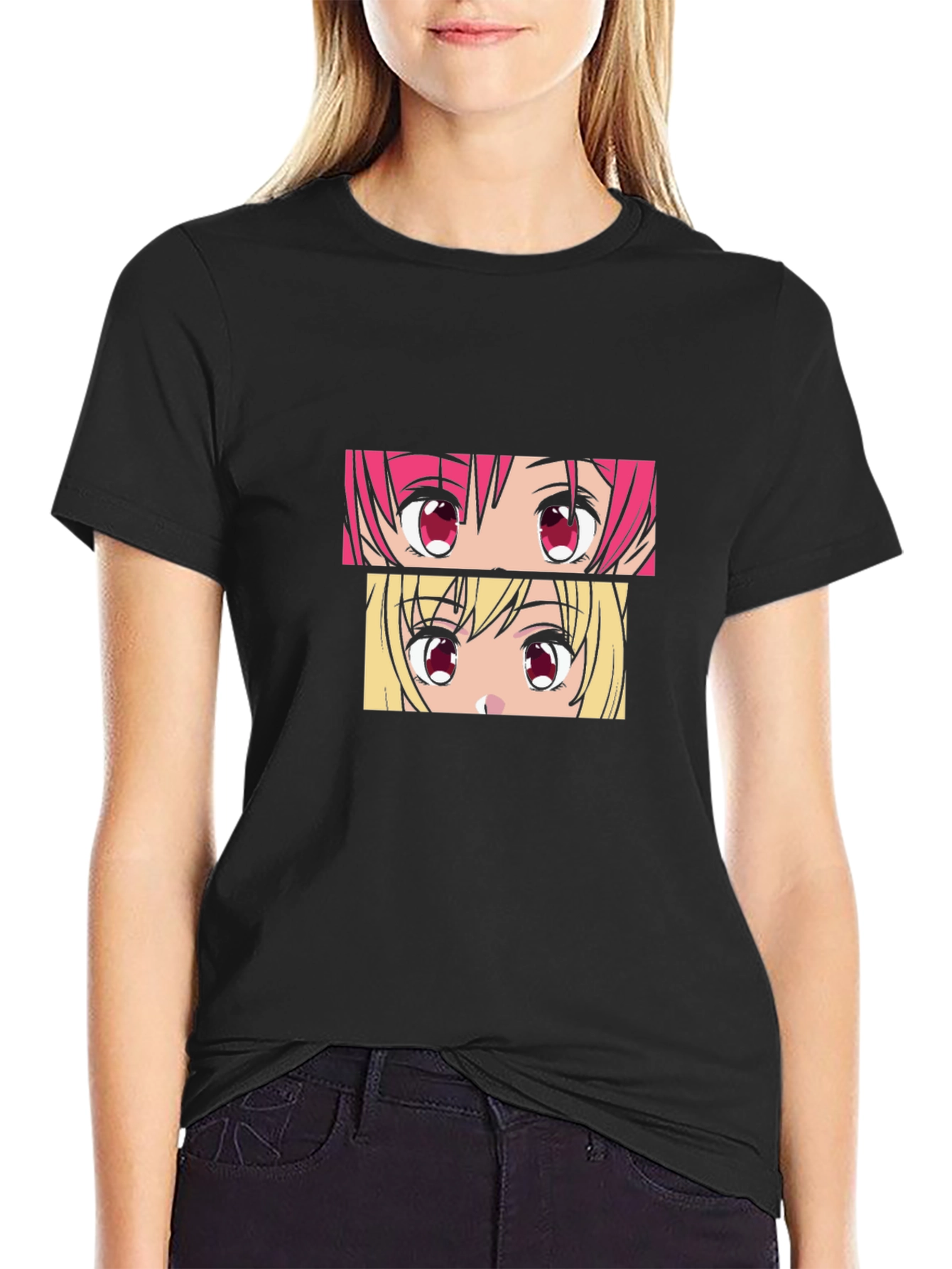 Anime Eyes Graphic Tee - Black Cotton T-Shirt