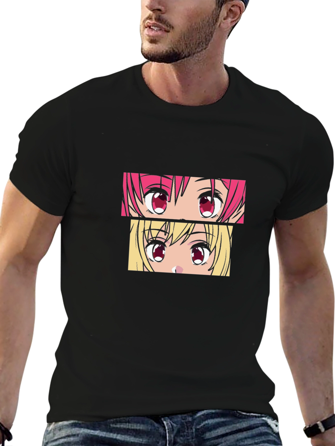 Anime Eyes Graphic Tee - Black Cotton T-Shirt