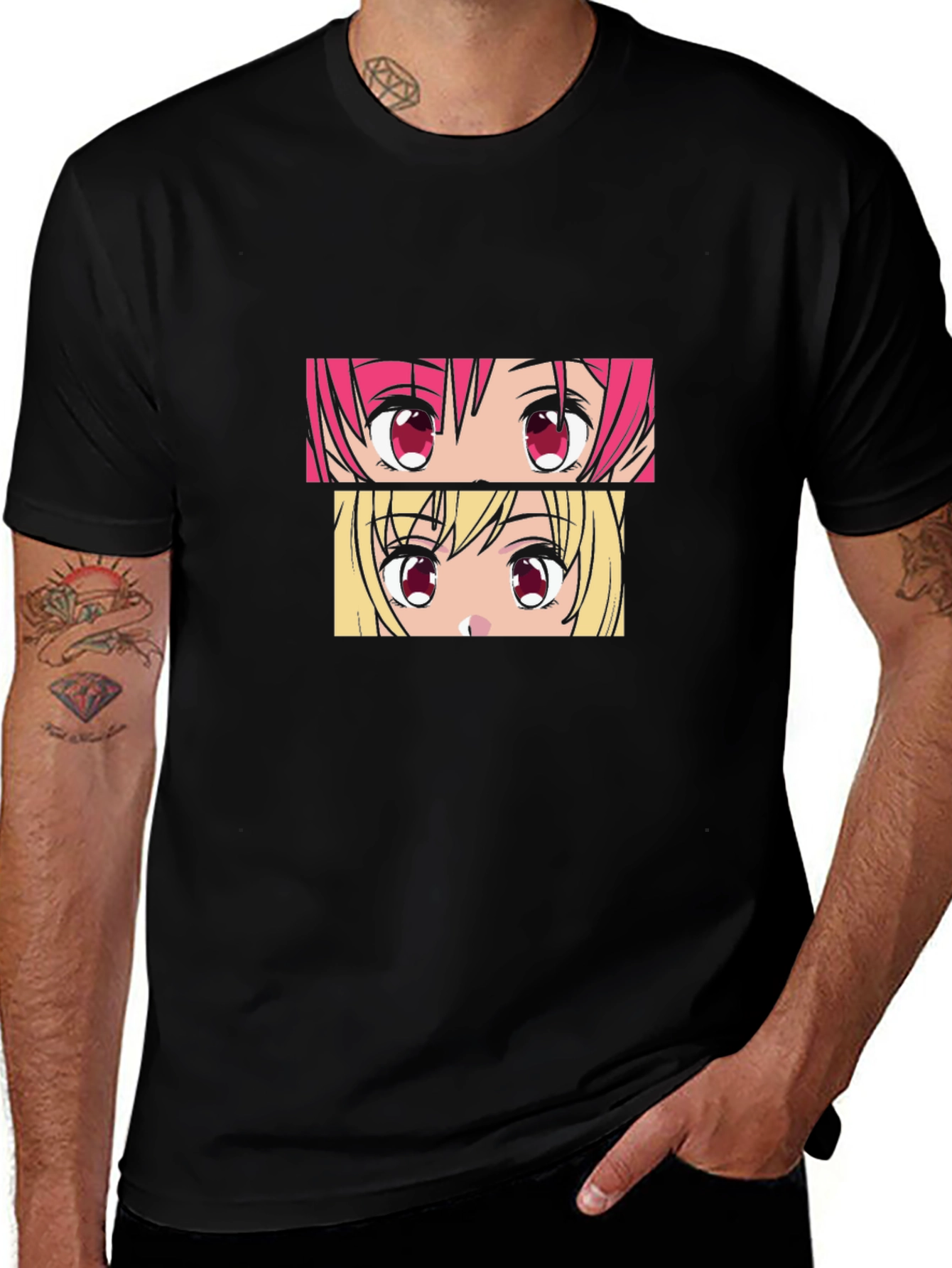 Anime Eyes Graphic Tee - Black Cotton T-Shirt