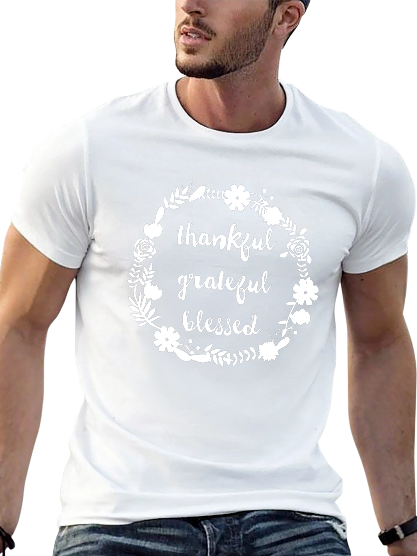 Thankful Grateful Blessed Floral Wreath Tee