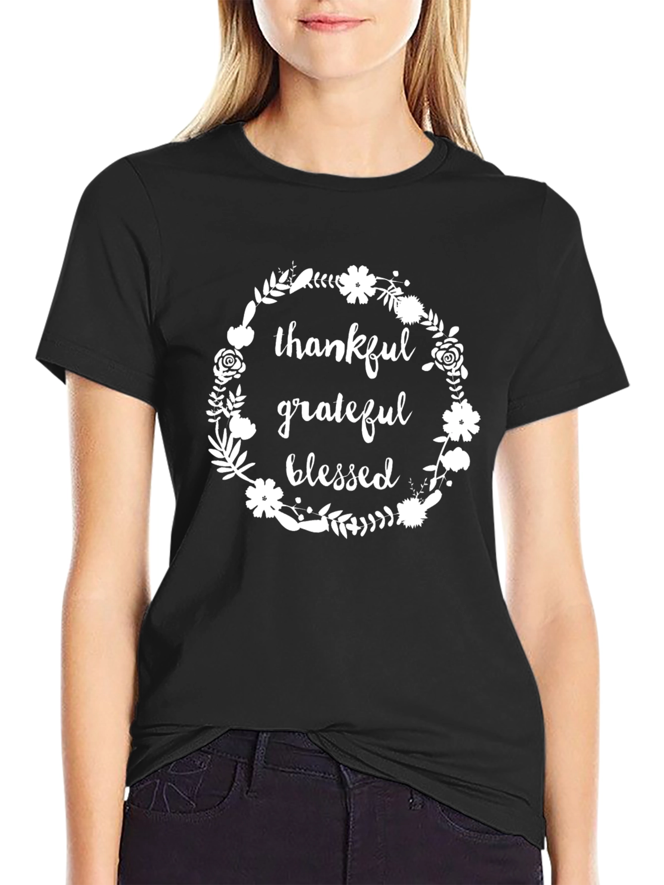 Thankful Grateful Blessed Floral Wreath Tee