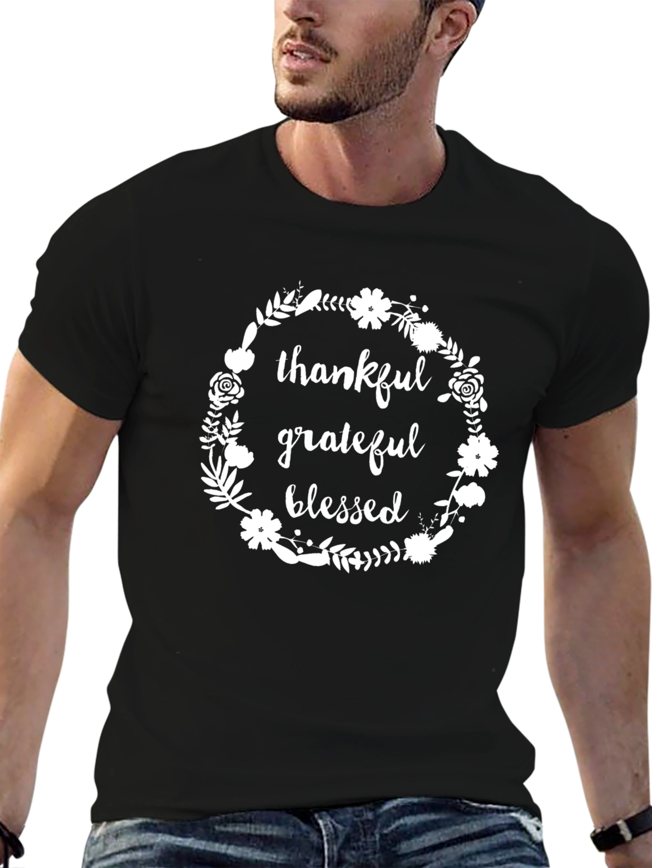 Thankful Grateful Blessed Floral Wreath Tee