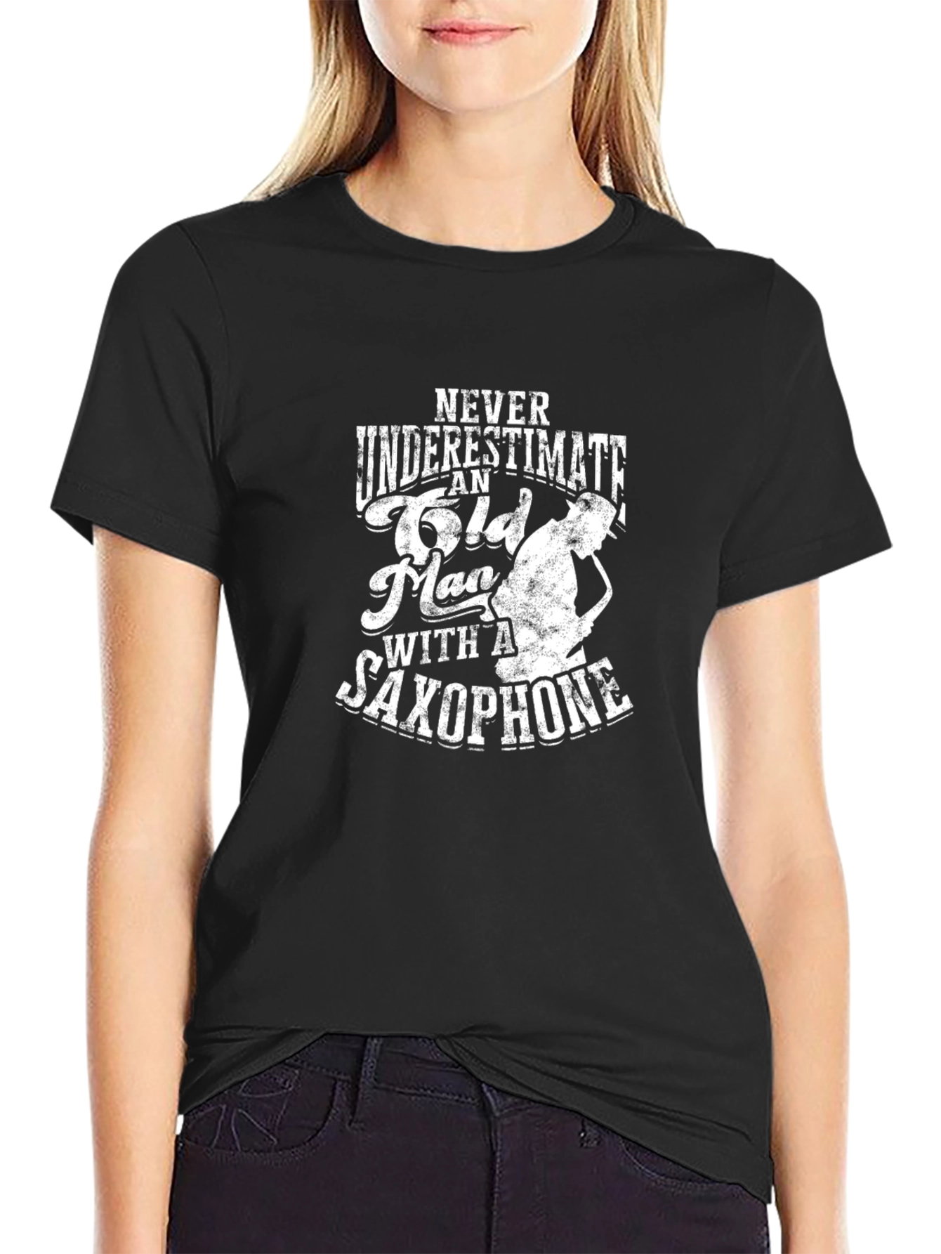 Saxophone Old Man Graphic Tee - Black